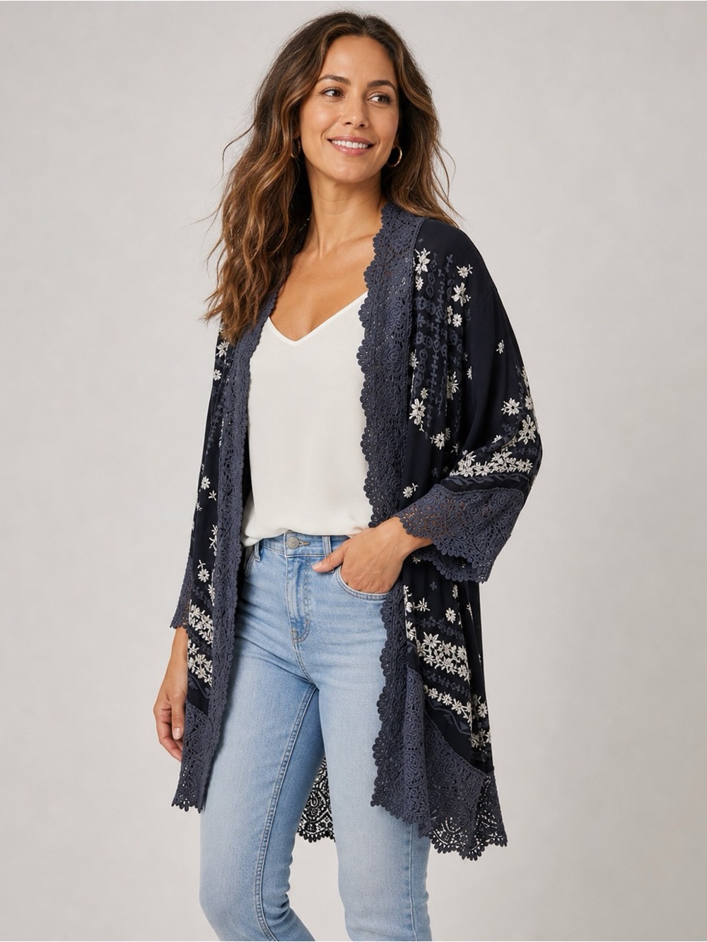 Johnny Was Kimono Black Embroidered Lace Trim Kimono Boho Duster Womens Medium